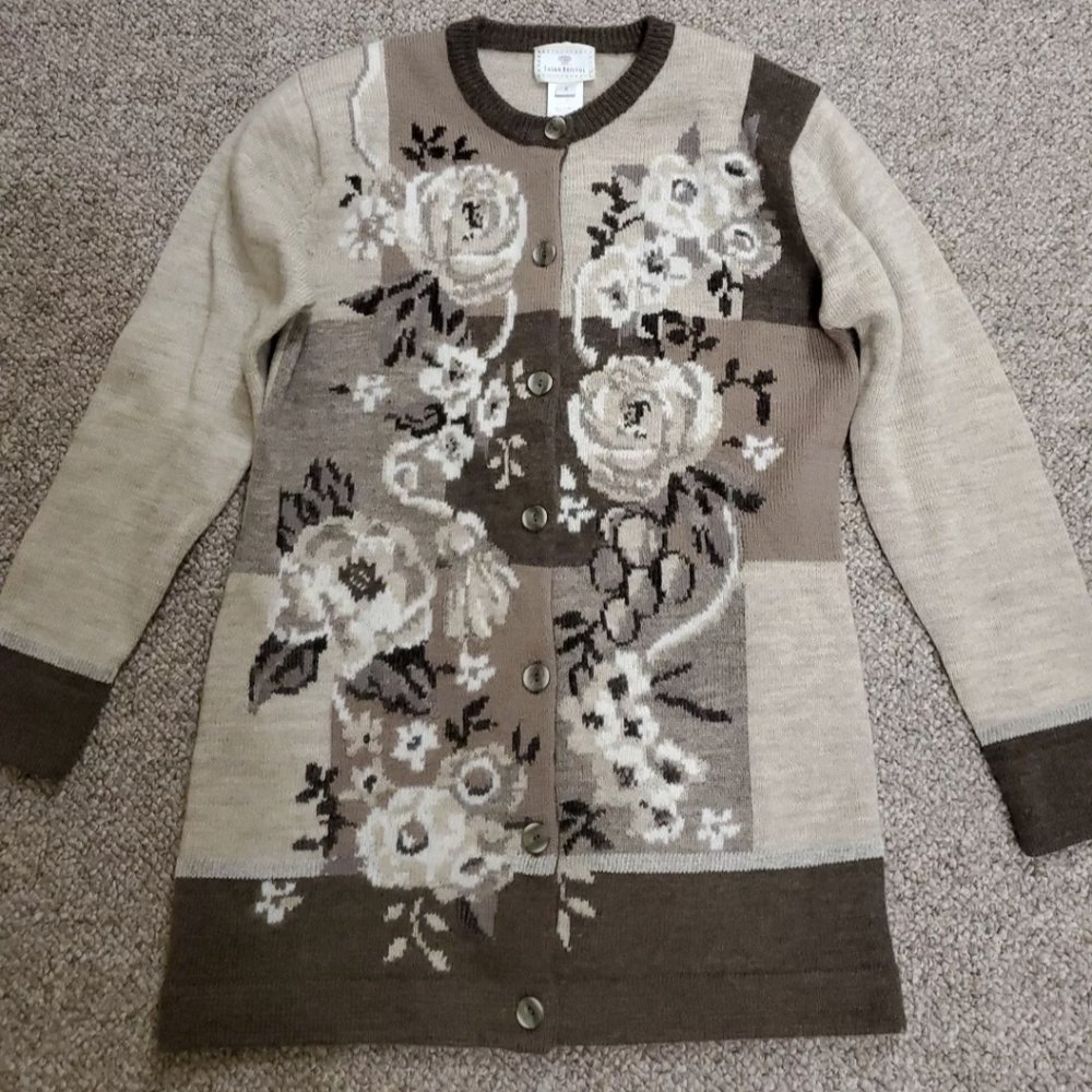 Susan Bristol Beige and Brown Floral Patchwork Cardigan Sweater